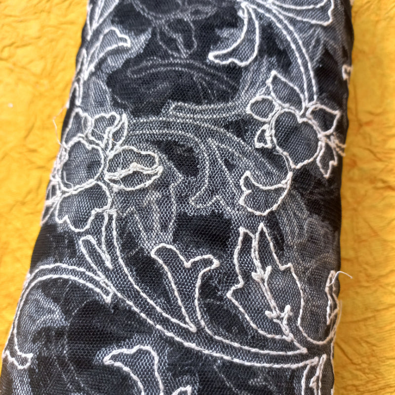 Cobalt Blue Colour Net Fabric With Floral Embroidery Pattern -1.5-Mtr