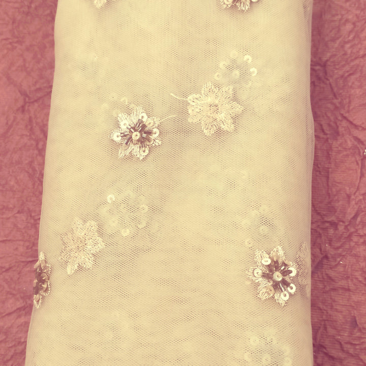 Beige Color Net Fabric With Embroidered Sequins Floral Buttas -1.5-Mtr