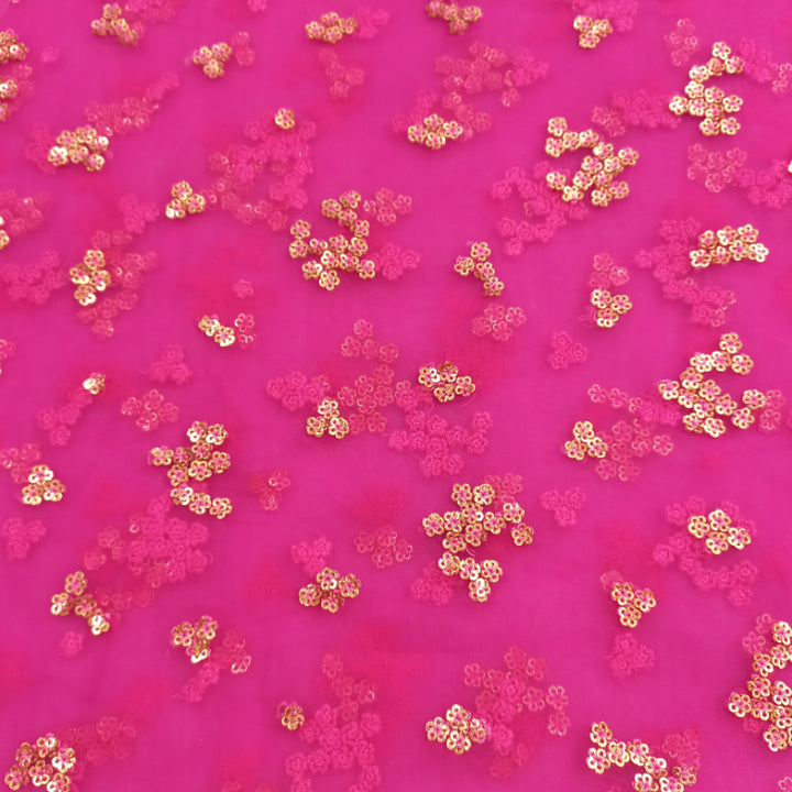 Hot Pink Color Net Fabric With Embroidered Sequins Floral Buttas -1.6-Mtr