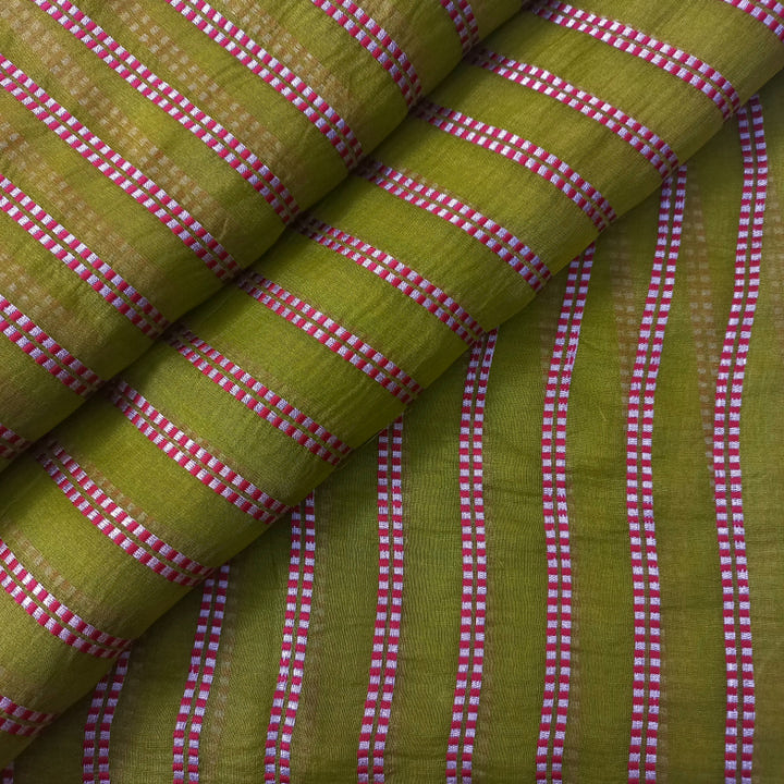 Mehendi Green Color Linen Fabric With Geometric Striped Embroidery -1.75-Mtr