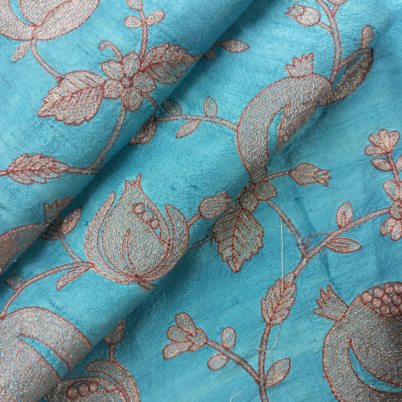 Cerulean Blue Color Silk Fabric With Embroiderey