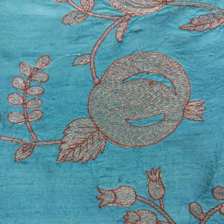 Cerulean Blue Color Silk Fabric With Embroiderey