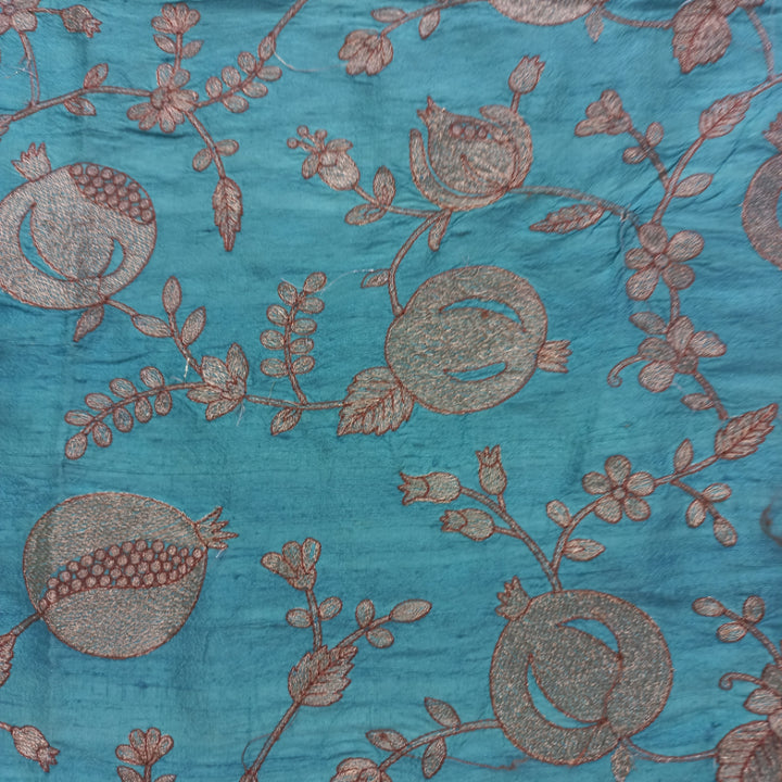 Cerulean Blue Color Silk Fabric With Embroiderey