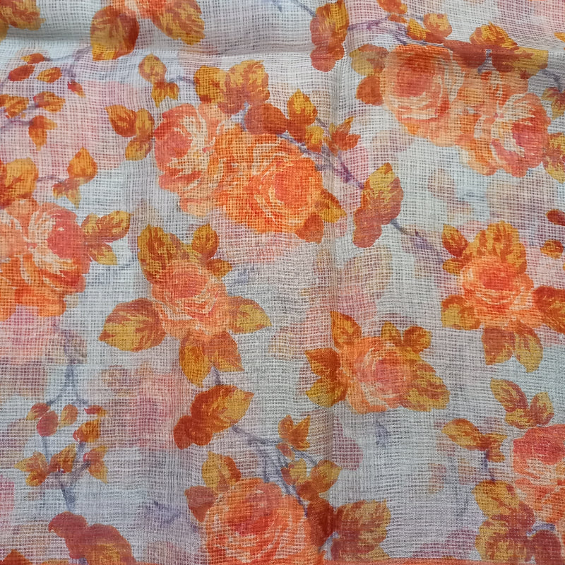 White Color Floral Printed Kota Silk Fabric-1.1-Mtr