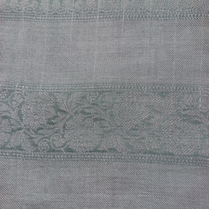 Ice Blue Color Silk Fabric With Checked Pattern And Zari Woven Floral Border -1.6-Mtr