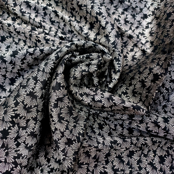 Pitch Black Color Silk Fabric With Woven Floral Pattern -0.55-Cm