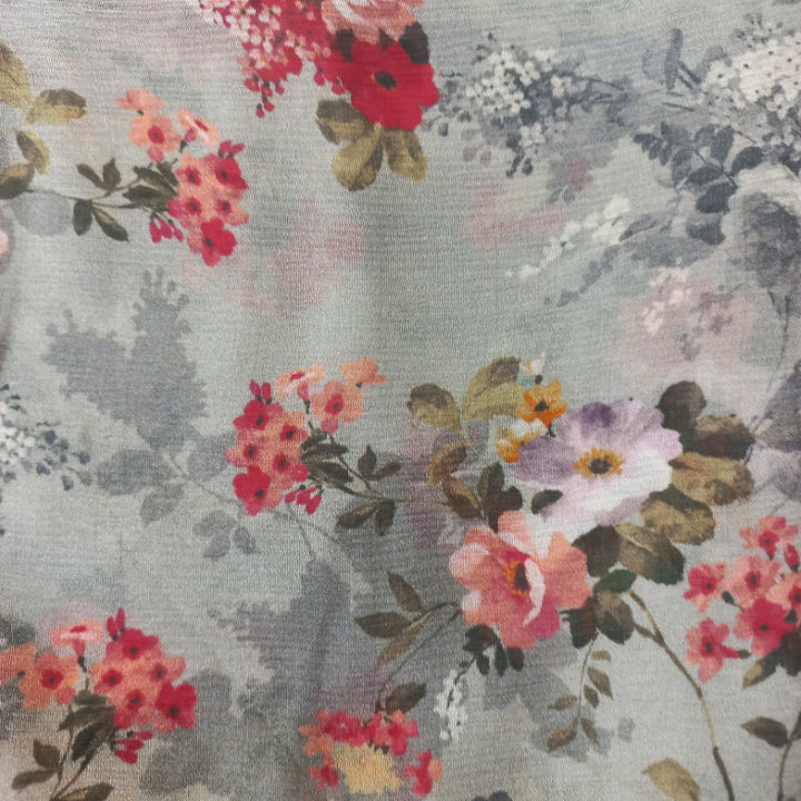 Grey Color Chiffon Fabric With Printed Floral Pattern -0.6-Cm