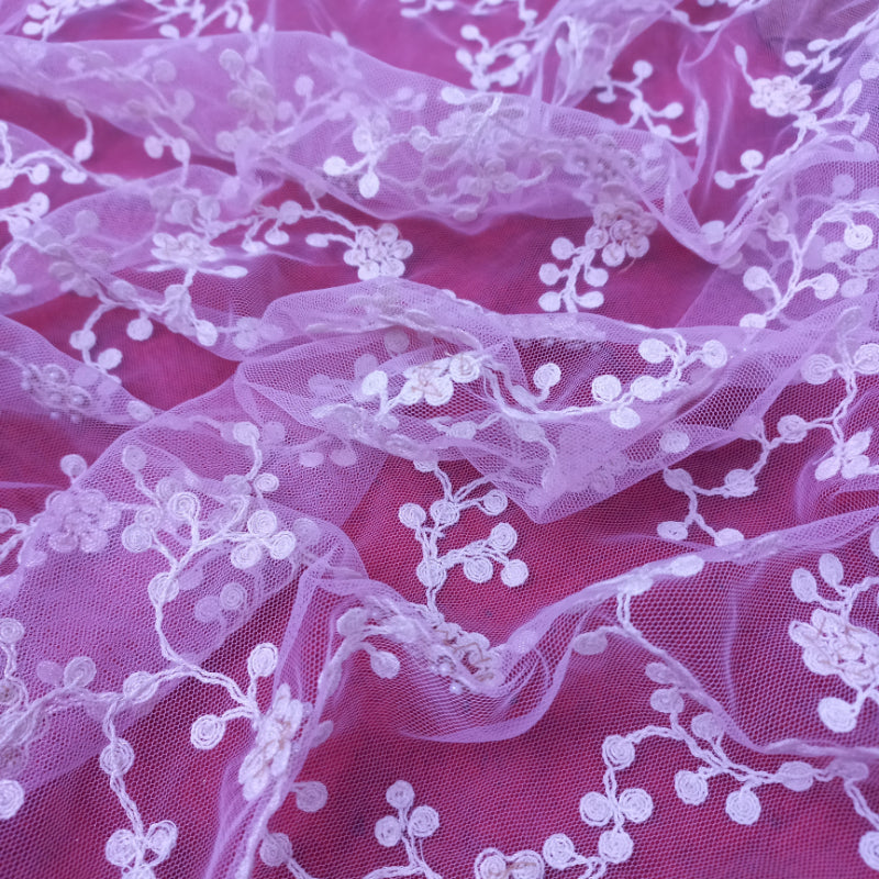 Rose Pink Color Net Fabric With Sequins Embroidered Floral Pattern -0.8-Cm