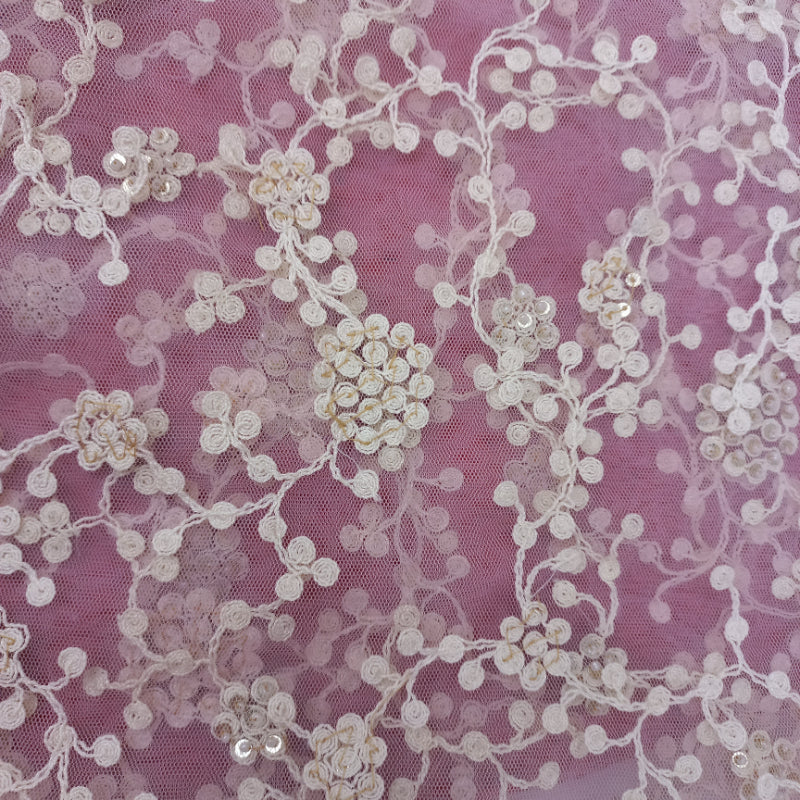 Rose Pink Color Net Fabric With Sequins Embroidered Floral Pattern -0.8-Cm