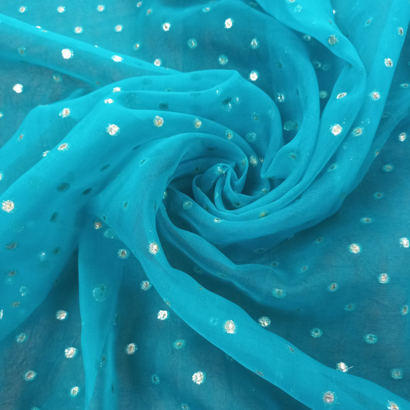 Turquoise Blue Colour Organza Fabric With Round Buttas -1.8-Mtr