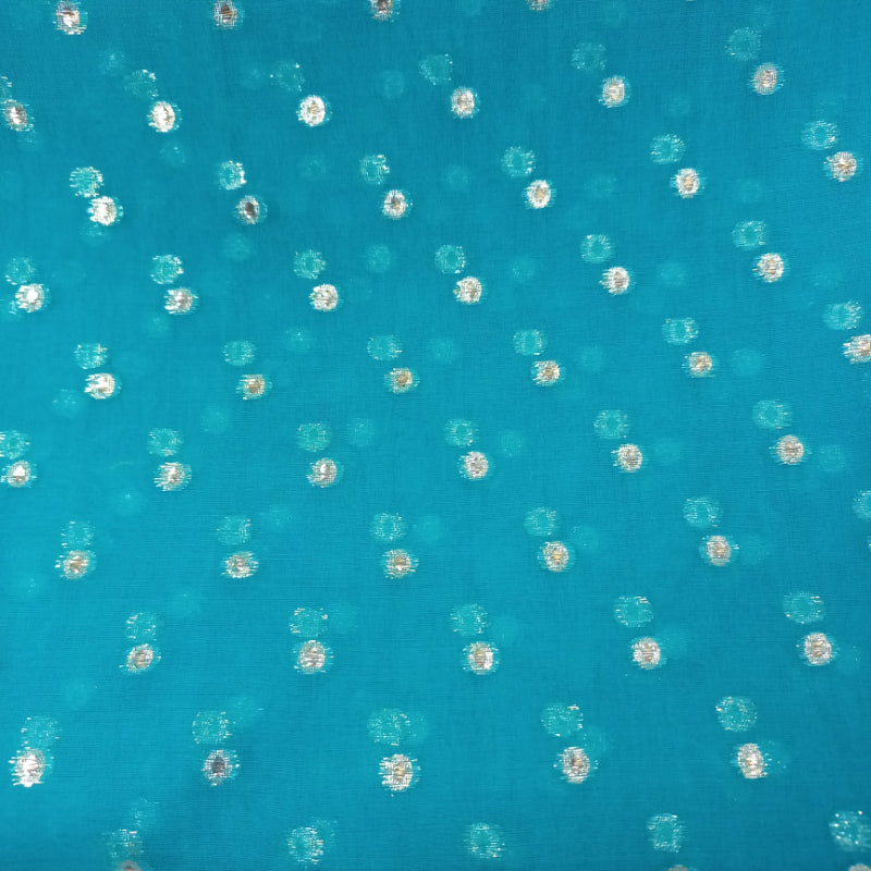 Turquoise Blue Colour Organza Fabric With Round Buttas -1.8-Mtr