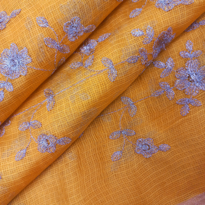 Fire Yellow Color Kota Fabric With Floral Embroidered Pattern -1.3-Mtr