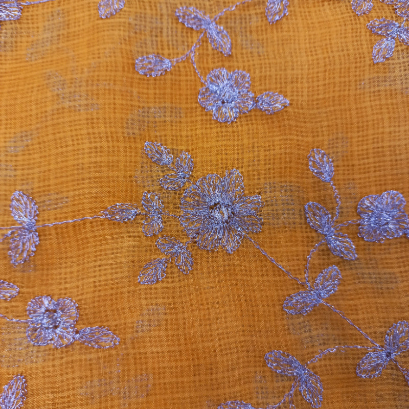 Fire Yellow Color Kota Fabric With Floral Embroidered Pattern -1.3-Mtr