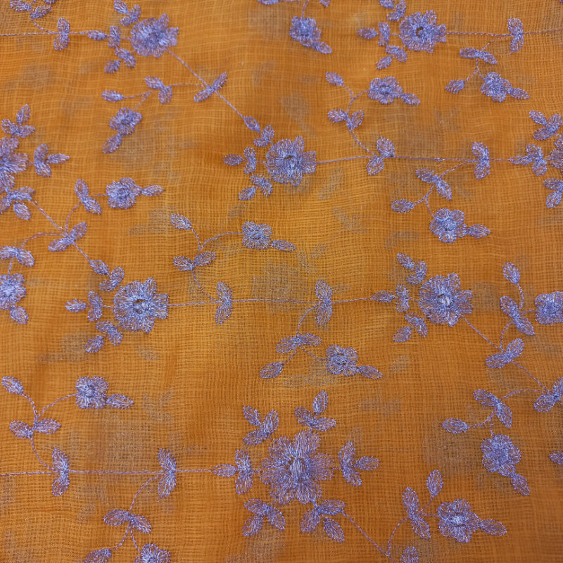 Fire Yellow Color Kota Fabric With Floral Embroidered Pattern -1.3-Mtr