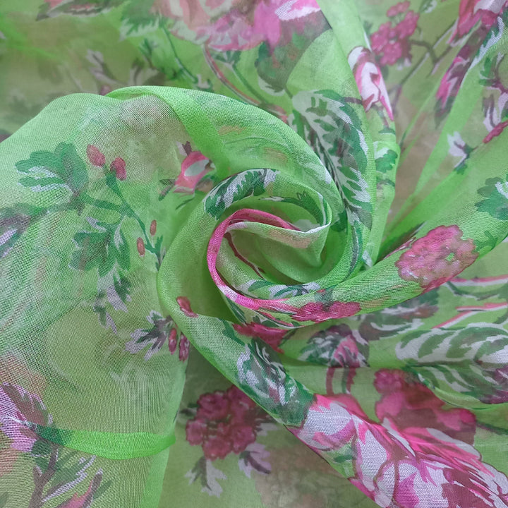 Chartreuse Color Floral Printed Organza Fabric-1.5-Mtr