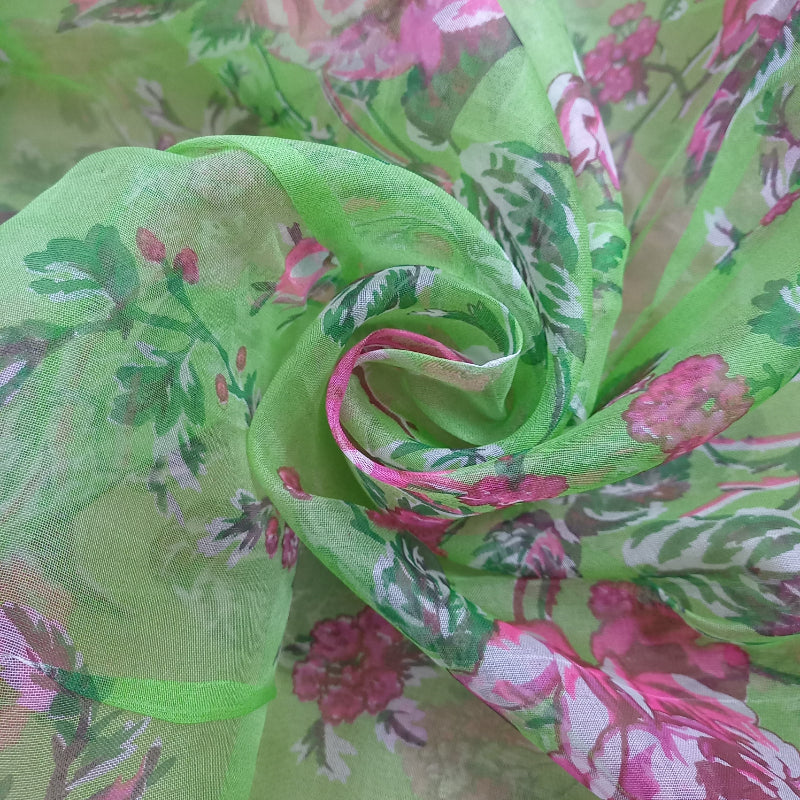 Chartreuse Printed Organza Fabric With Floral Pattern