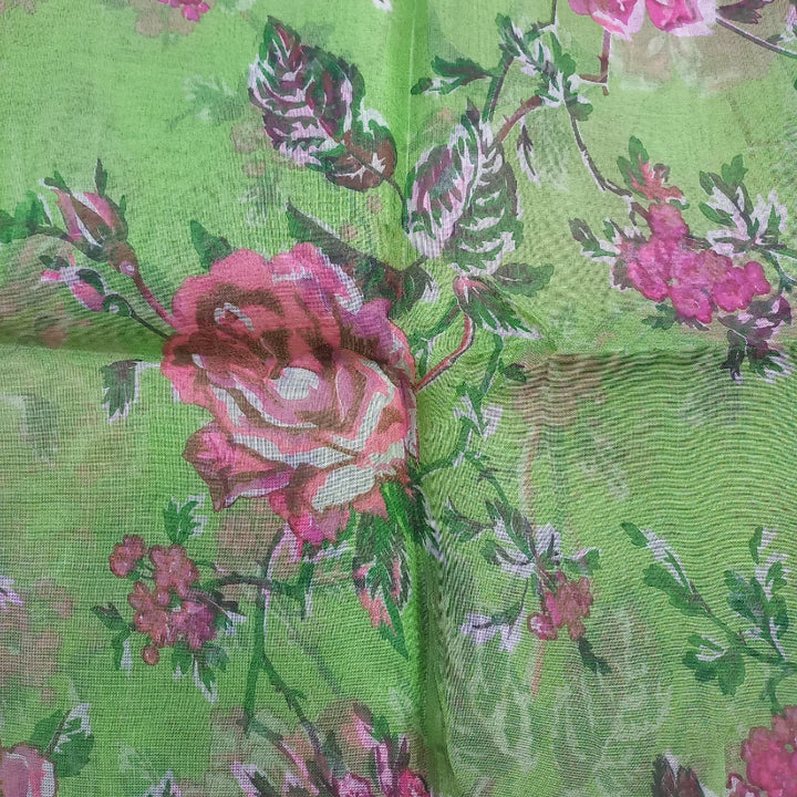 Chartreuse Color Floral Printed Organza Fabric-1.5-Mtr