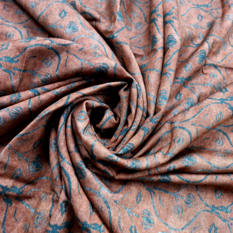 Brick Orange Printed Silk Fabric With Floral Pattern