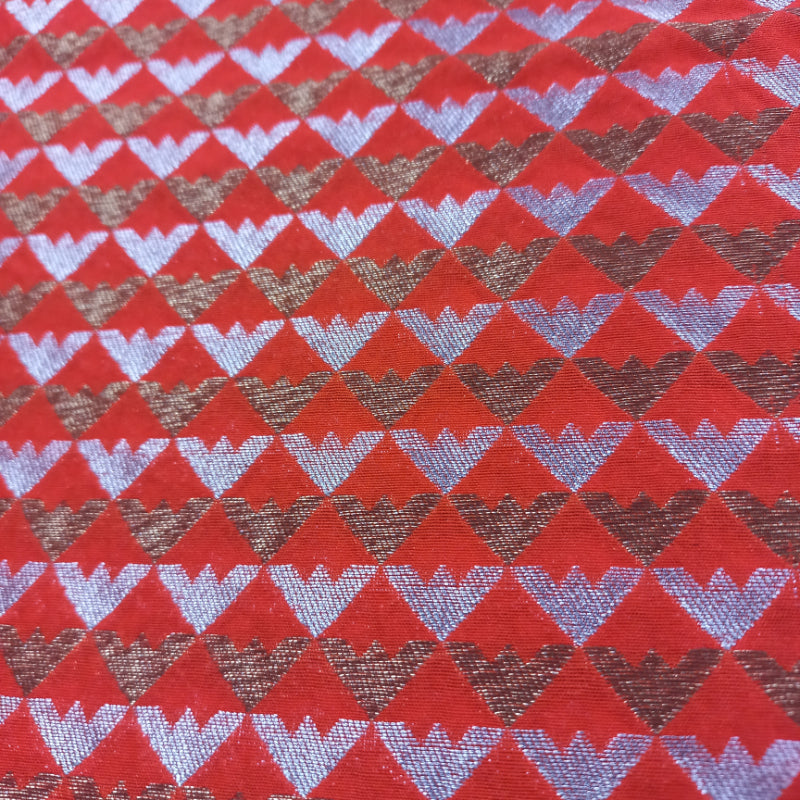 Red Orange Colour Jamavar Silk Fabric With Geometric Pattern -1.4-Mtr