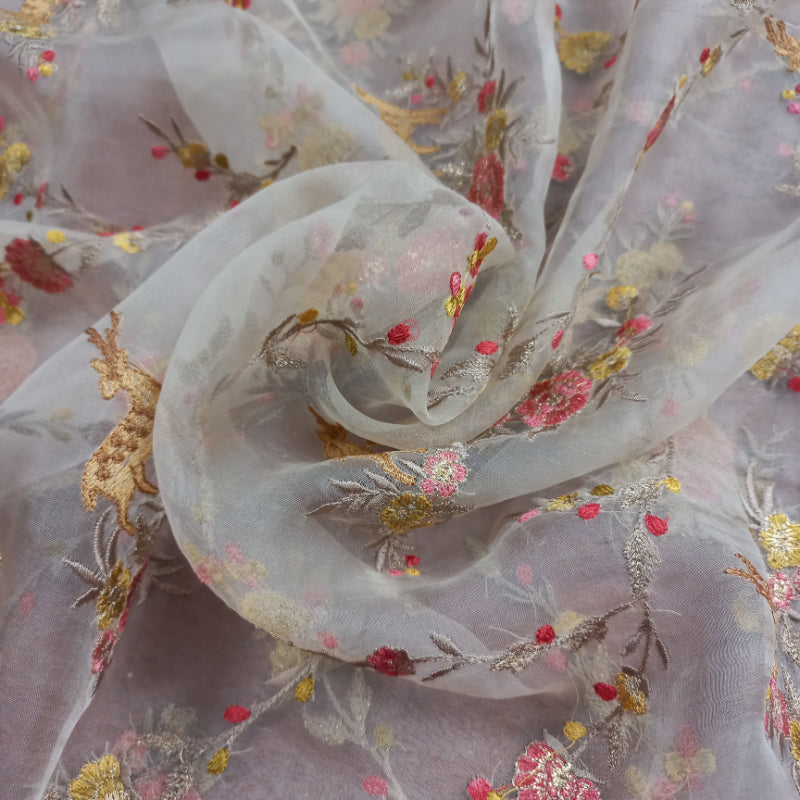 Off White Color Organza Fabric With Embroidered Floral Pattern -1.6-Mtr