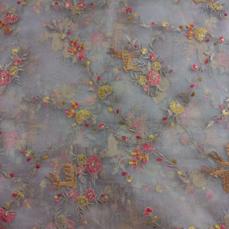 Off White Color Organza Fabric With Embroidered Floral Pattern -1.6-Mtr