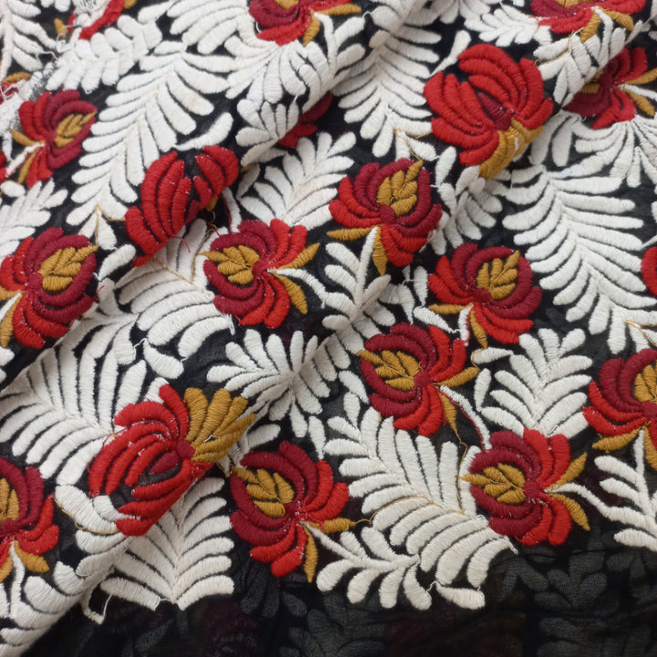 Coal Black Color Georgette Fabric With Floral Embroidered Pattern -1.3-Mtr