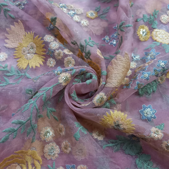 Pastel Rouge pink color Organza fabric with Thread embroidered-1.5-Mtr