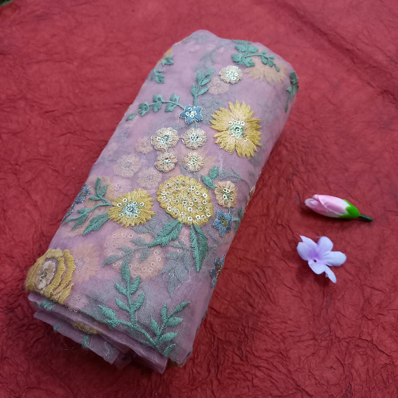 Pastel Rouge pink color Organza fabric with Thread embroidered-1.5-Mtr