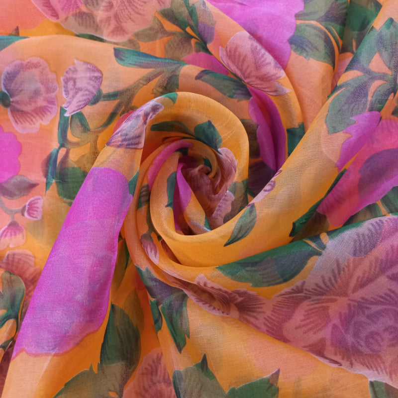 Flame Orange Colour Organza Fabric With Floral Pattern -1.5-Mtr