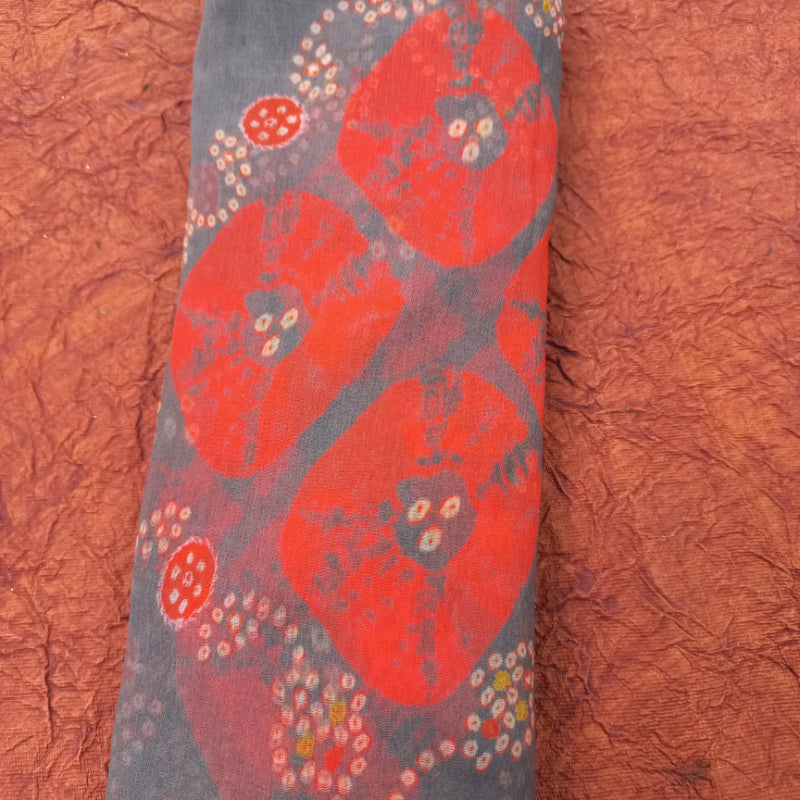 Fossil Grey Color Georgette Fabric With Printed Floral And Dots Pattern -2-Mtr