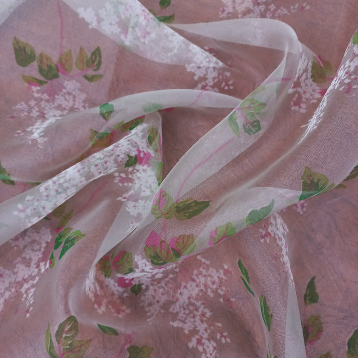 Frost White Color Organza Fabric With Printed Nature Inspired Pattern -2.5-Mtr