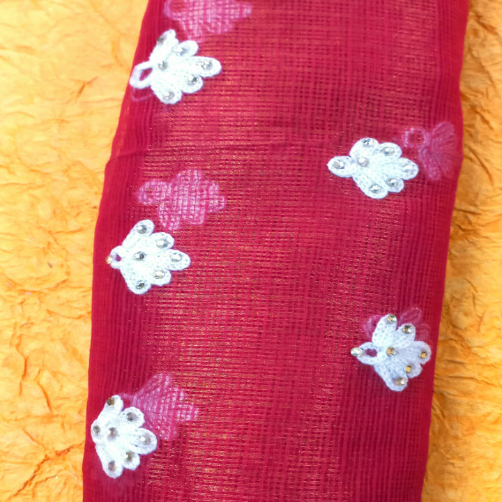 Dark Pink Colour Kota Fabric With Floral Embroidered Buttas -0.6-Cm