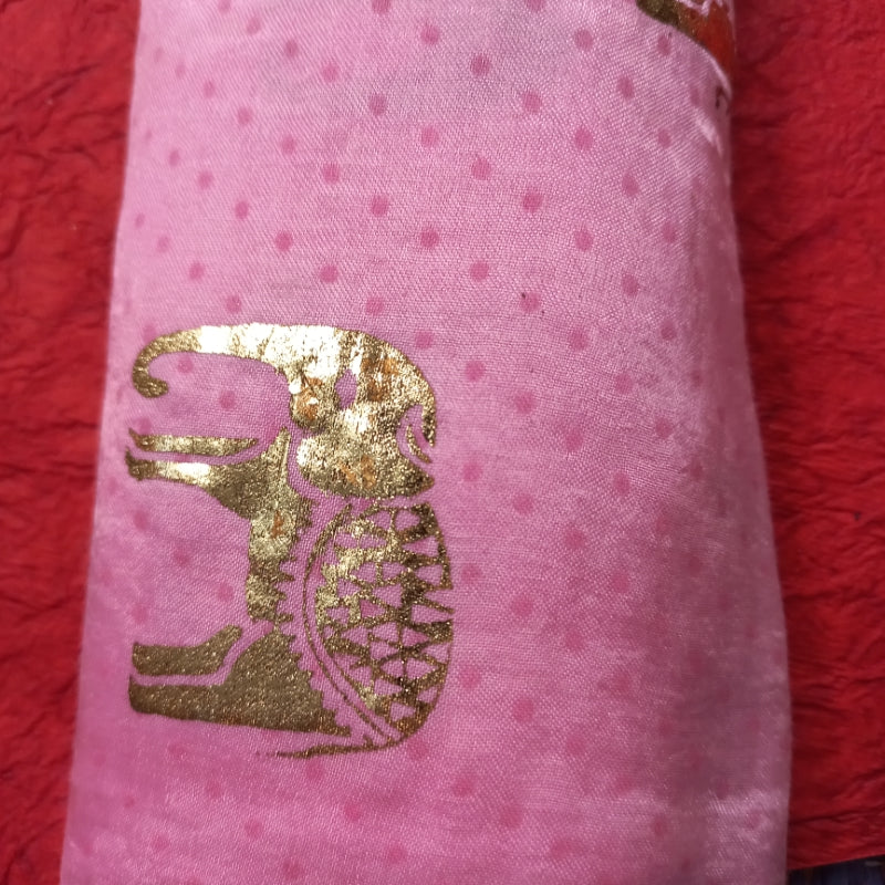 Thulian Pink Color Satin Fabric With Polka Dots And Foil Printed Animal Motifs -0.8-Cm