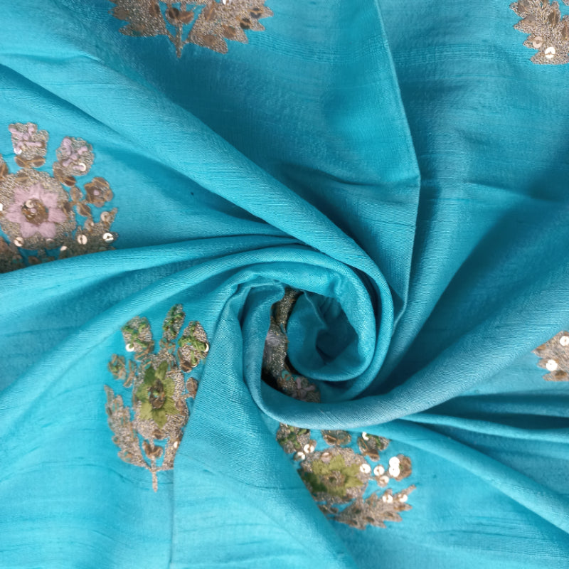 Turquoise Blue Colour Silk Fabric With Sequence Floral Embroidered Buttas -0.8-Cm