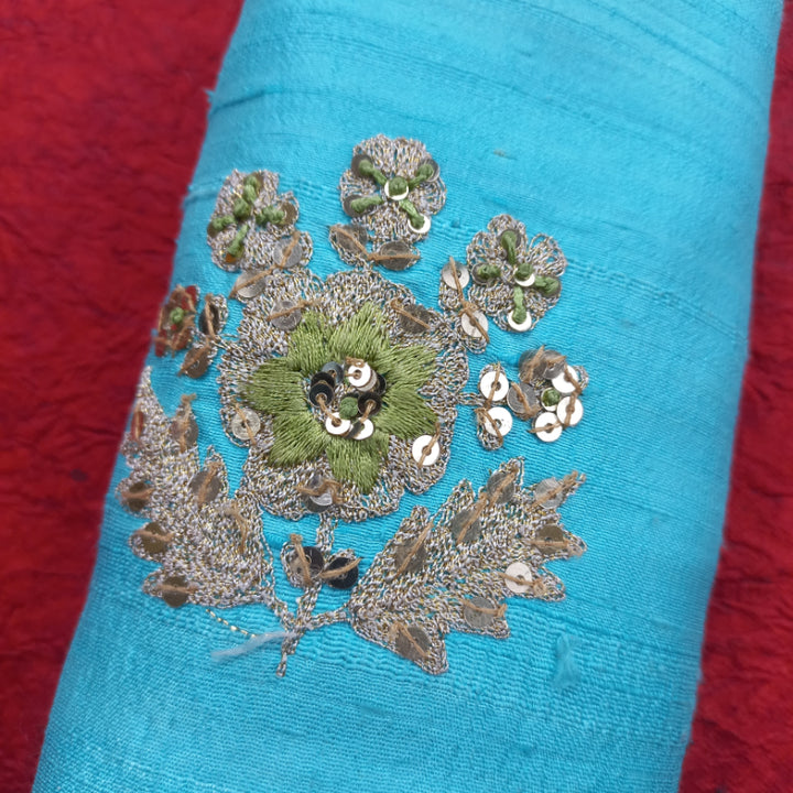 Turquoise Blue Colour Silk Fabric With Sequence Floral Embroidered Buttas -0.8-Cm