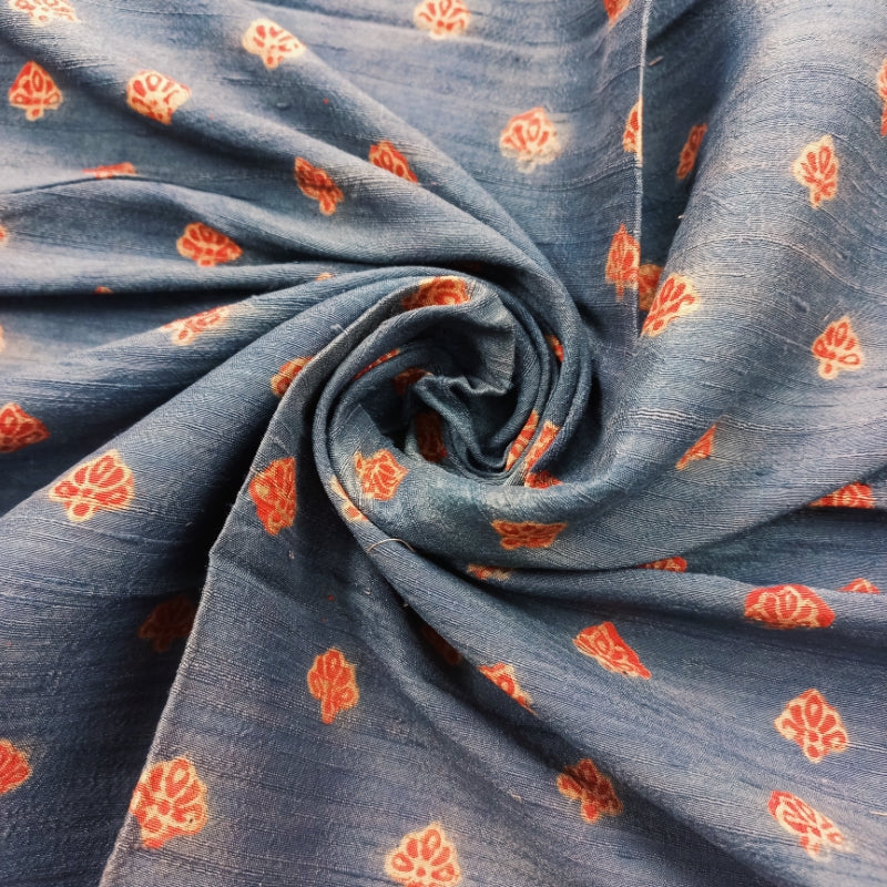 Blue Grey Color Silk Fabric With Printed Floral Buttas -0.6-Cm