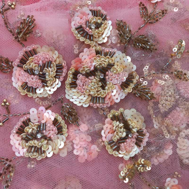 Rose Pink Color Net Fabric With Sequins Embroidered Floral Pattern -0.6-Cm