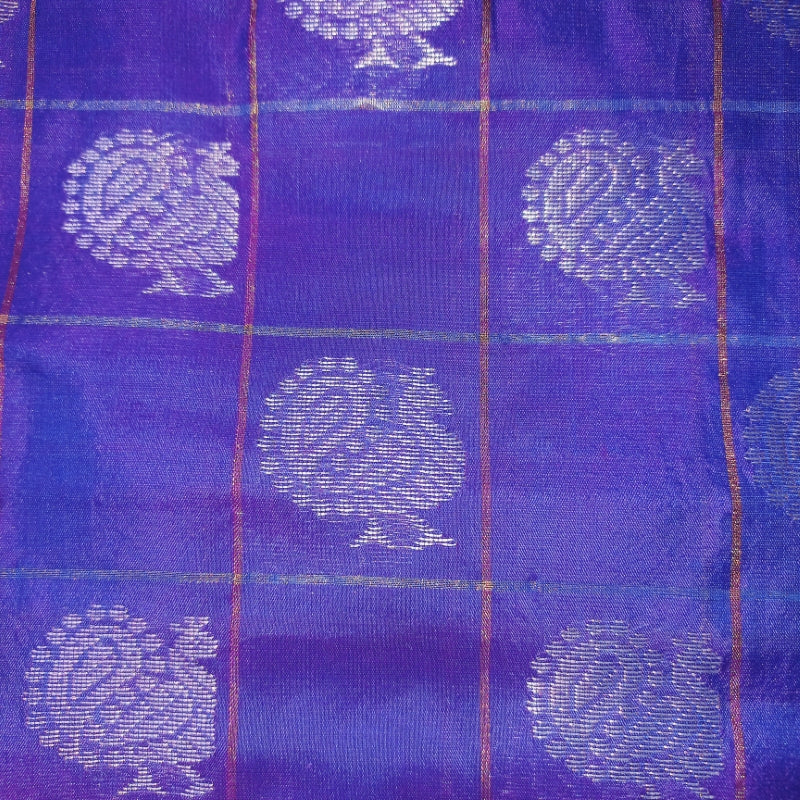 Berry Blue Color Silk Fabric With Checked Pattern And Peacock Motifs -2.4-Mtr