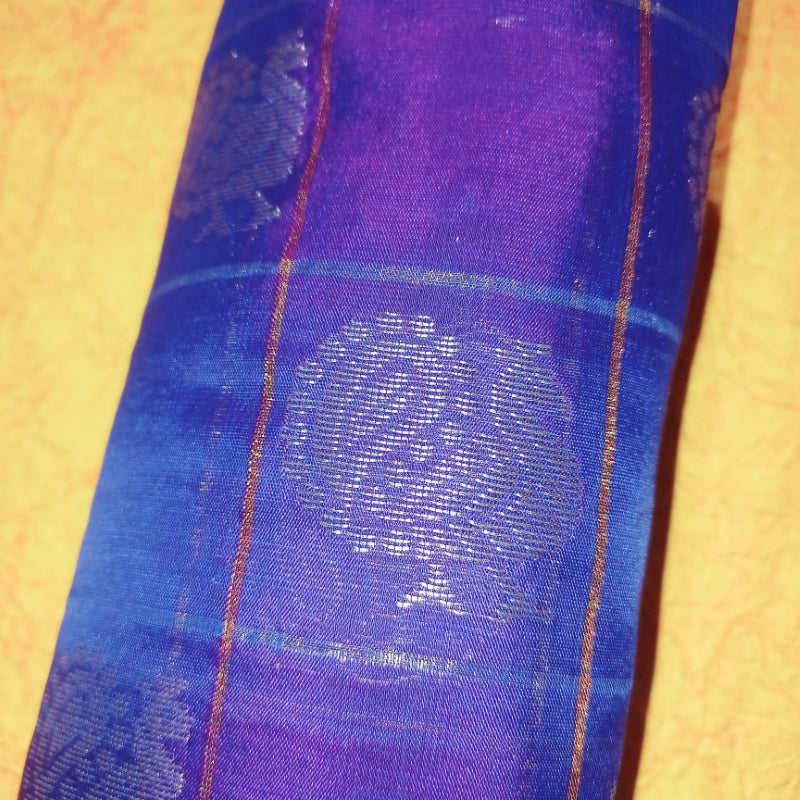 Berry Blue Color Silk Fabric With Checked Pattern And Peacock Motifs -2.4-Mtr