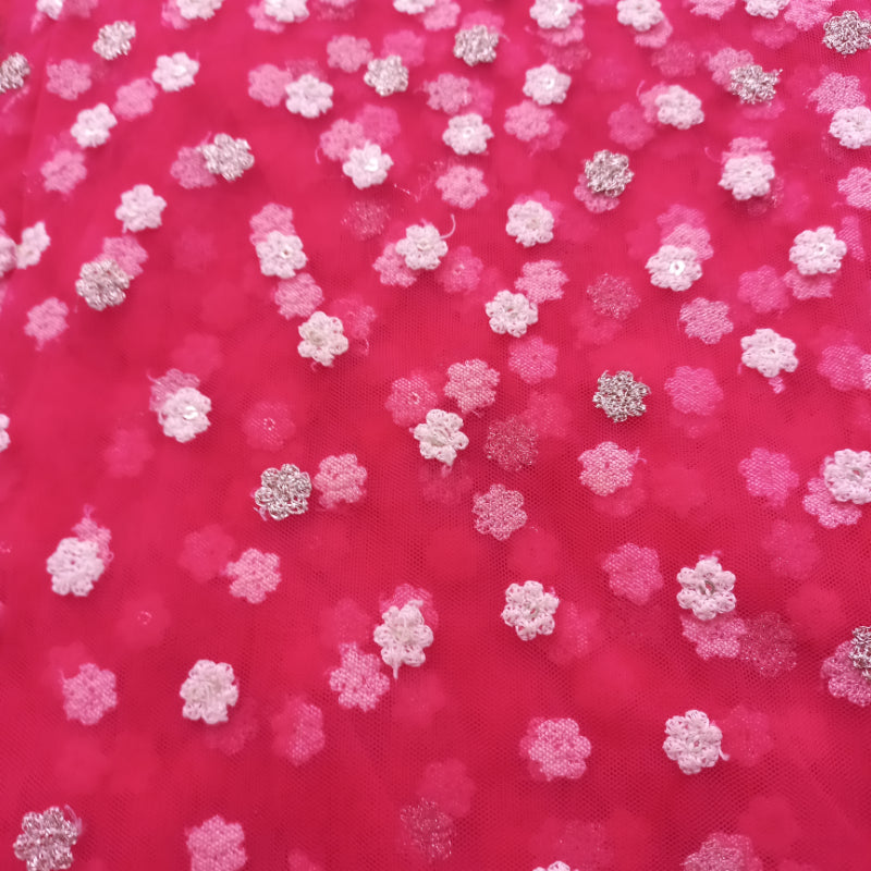 Ruby Pink Colour Net Fabric With Floral Embroidered Buttas -1.4-Mtr