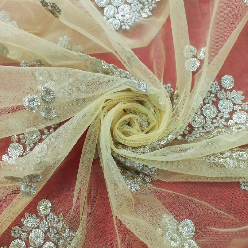 Pastel Yellow Color Net Fabric With Sequins Embroidered Floral Pattern ...