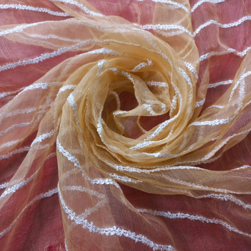 Pastel Peach Thread Embroiderey Organza Fabric.