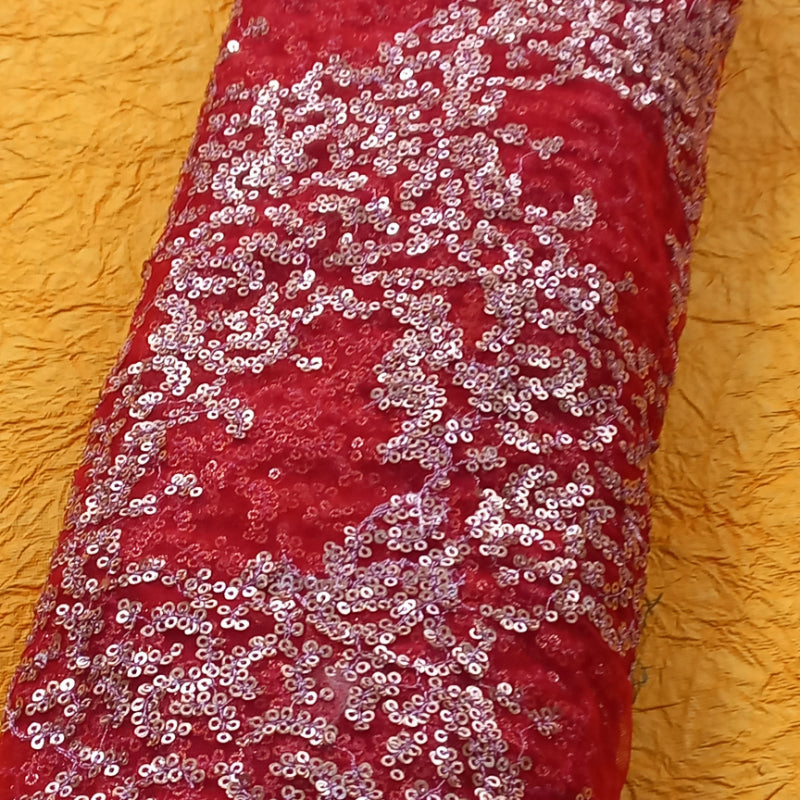 Red Colour Net Fabric With Sequence Floral Embroidered Pattern-1.6-Mtr