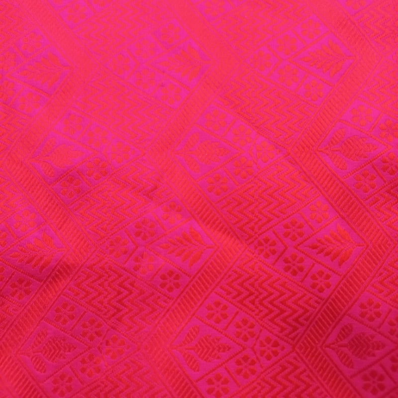 Hot Pink Jamavar Silk Fabric With Floral Pattern