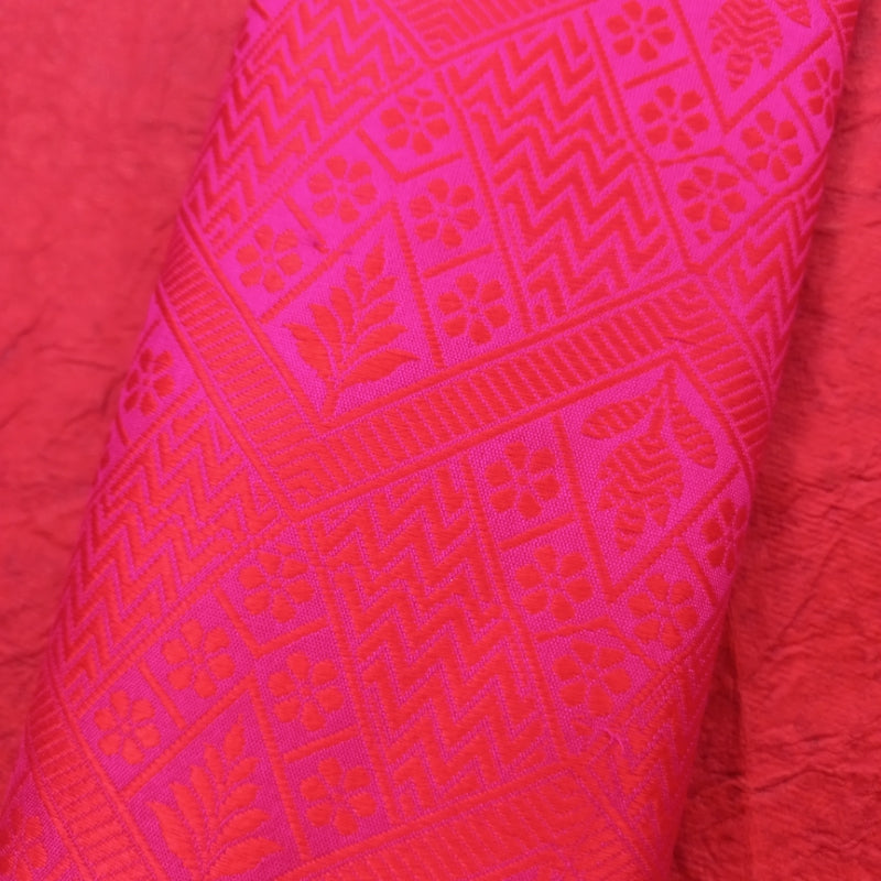 Hot Pink Jamavar Silk Fabric With Floral Pattern