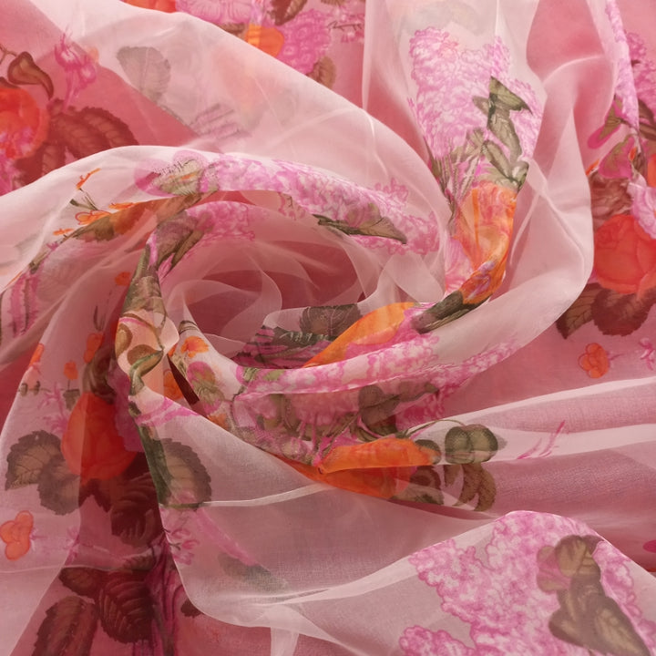 Rose Pink Color Organza Fabric With Printed Floral Pattern-3-Mtr