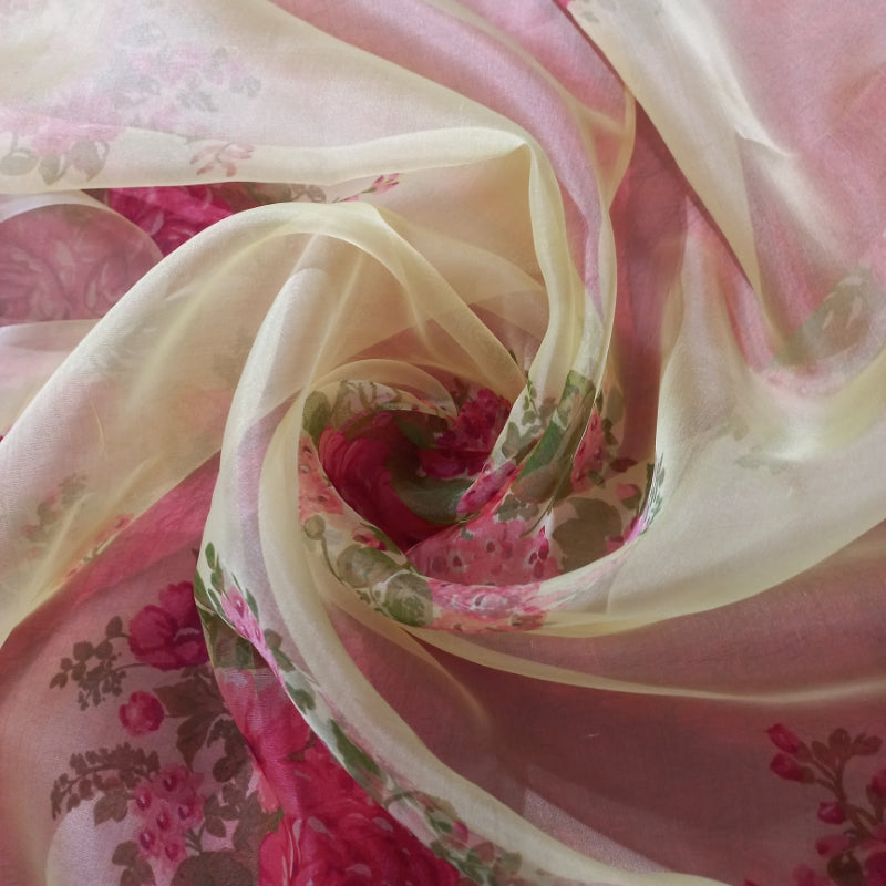 Peach Color Organza Fabric With Printed Floral Pattern-1-Mtr